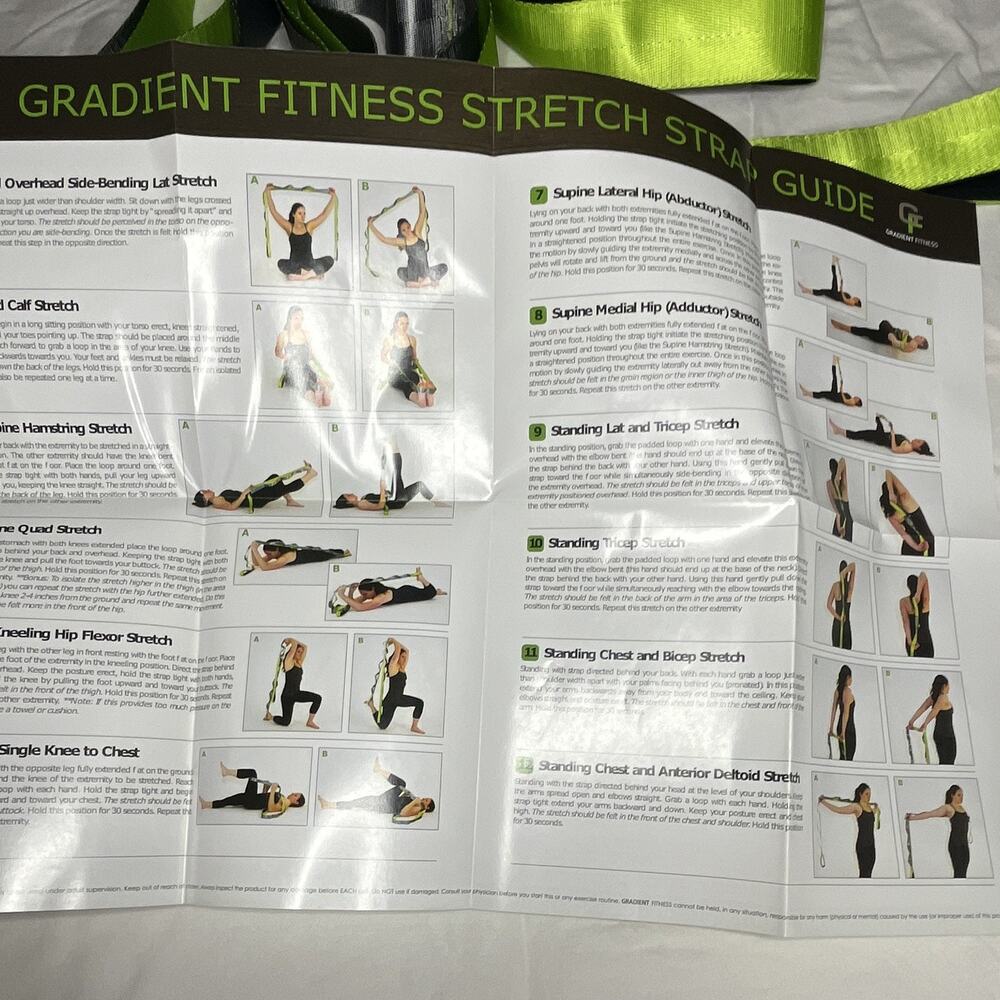 Gradient Fitness Yoga Stretch Strap Green/Gray w/ Carry Bag & Stretch Guide - Picture 3 of 3